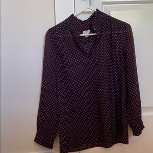 Navy J Crew blouse with pink polka dots.